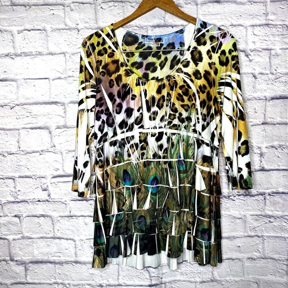 Reina Tops - Reina Womens SZ Large Cheetah to Peacock Animal‎ Print Tunic With Ruffled Bodice